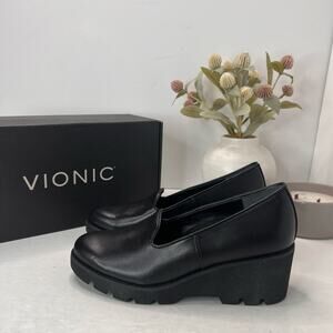 Vionic Willa Wedge Leather Loafer Slip On Black Women 6.5 Water Repellent